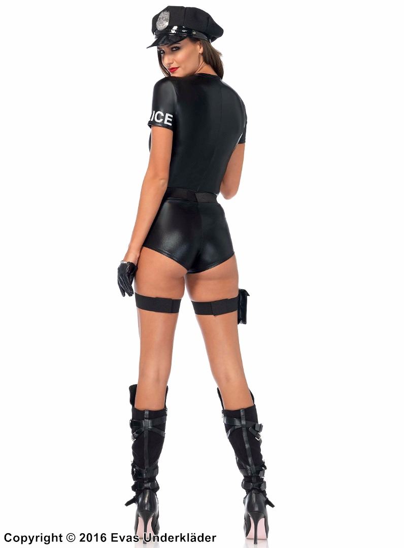 Female police officer, costume romper, front zipper, buckle